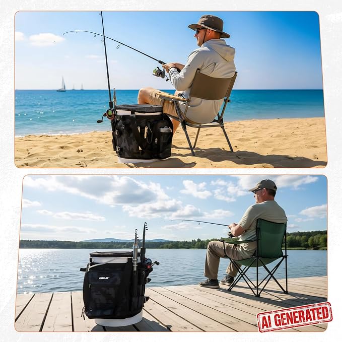 Goture Fishing Bucket Organizer for 5 Gallon Bucket, Heavy-Duty Waterproof Tackle Bag with 15+ Pockets, Ice Auger Holster & Secure Lock Straps for Ice Fishing Gear (Black, No Bucket)