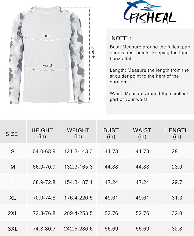 FISHEAL Men's Long Sleeve Fishing Shirts, UPF 50+ Camo Sun Protection Rash Guard, UV Shirt for Swimming Hunting Outdoor