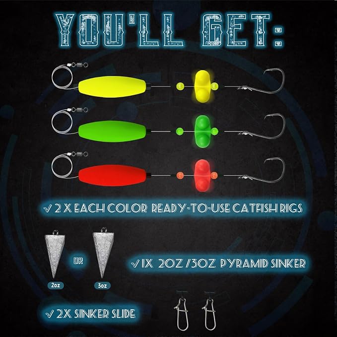 Narcissus Catfish Rigs Set – 6 Pre-Tied Rigs with 2 Sinker Sliders, Float Rigs Tackle, Santee Rig, Circle Hooks 6/0 – Complete & Ready-to-Use Kit