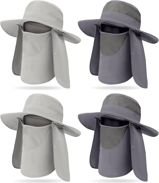 4 Pack Sun Hats for Men Women UPF 50+ Wide Brim Fishing Bucket Hat Summer Outdoor UV Protection Adjustable Neck Flap