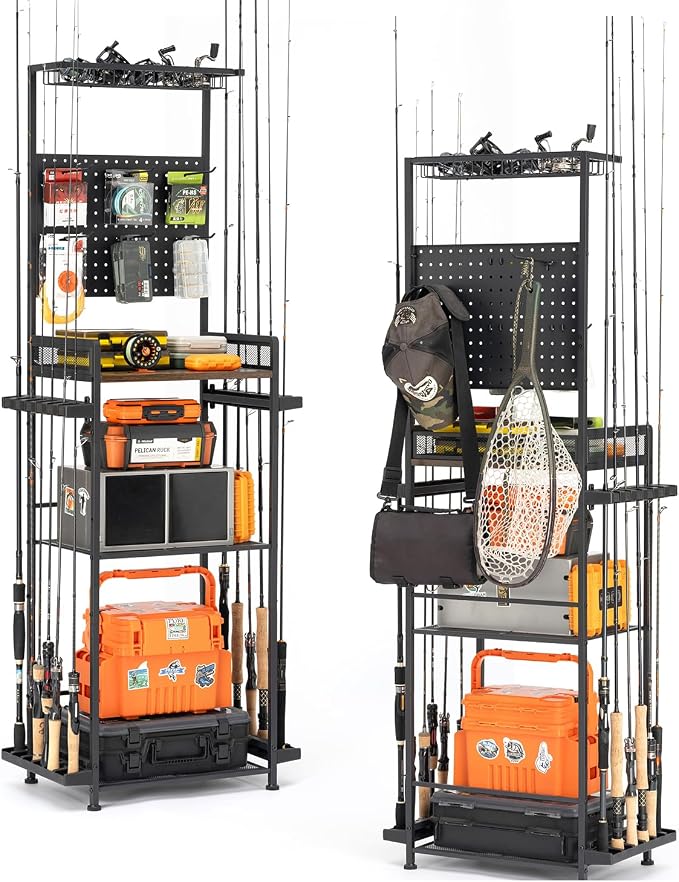 SOYEEZE Fishing Rod Holders for Garage, Fishing Rod Rack Hold Up to 12 Rods, 3 Tier Shelf, Pegboard and Wooden Countertops Designied for Fishing Pole Tackle Box Reel Line Storage, Fishing Gift