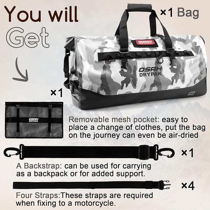 OSAH DRYPAK Waterproof Duffel Bag 25L/40L/60L β Heavy-Duty Motorcycle Tail Bag, Roll-Top Dry Bag for Travel, Camping, Boating, Kayaking, Outdoor Adventure