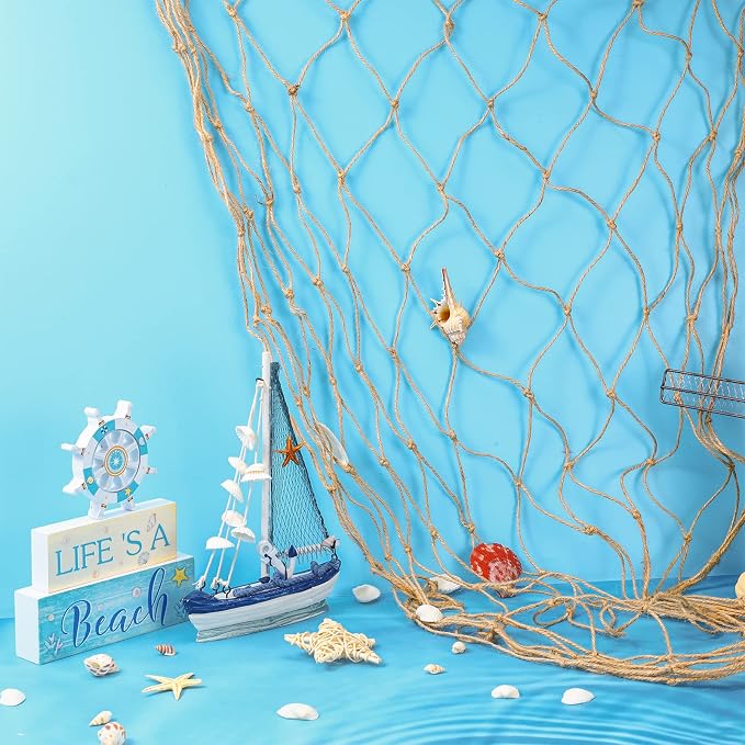 Boao Natural Fish Net Decorations for Pirate Party, Cotton and Linen Fishing Net Prop Pirate Ship Decoration for Hawaiian Fishnet Decor Nautical Themed Birthday Party Supplies(5 Pack)