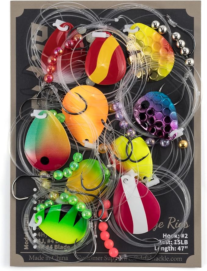 Dr. Fish 10 Pack Walleye Rigs Kit, 47 Inches, 15LB Mono Crawler Harness Walleye Float Rig Colorado Spinner Octopus Hooks for Freshwater Trolling