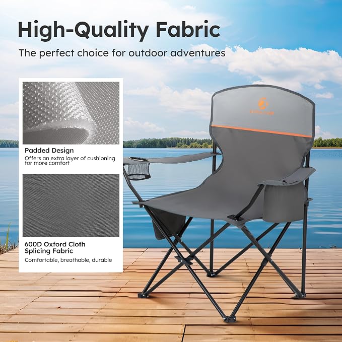 LET'S CAMP Camping Chair 2 Pack Folding Chair with 4-Can Cooler Bag Portable Lawn Chair with Cup Holder,Storage Pocket, Supports 250LBS, Collapsible Chair for Camp, Beach, Picnic (Grey)