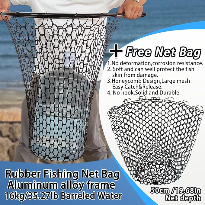 All Metal Telescoping Rubber Fishing Net with Handle Length: 59" Depth:19.7" Hoop: 26"x18" Large Silicone Fish Landing Net Pier/Kayak/Fishpond/Saltwater/Salmon Extendable Fishing Gear