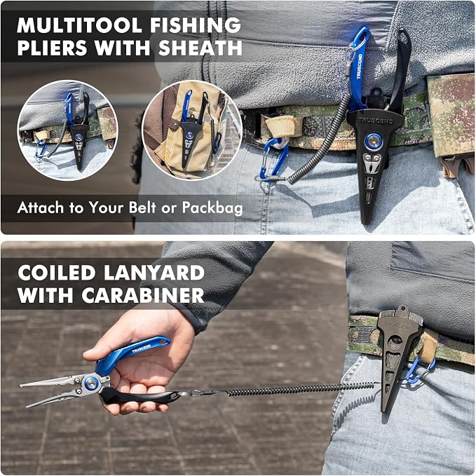 TRUSCEND Easy Use Lockable Fishing Pliers with Tungsten Carbide Cutter, Innovative Ergonomic Handy Handle, Saltwater Corrosion Resistant Teflon Coated Fishing Tool, Light Multi-Function Fishing Gear