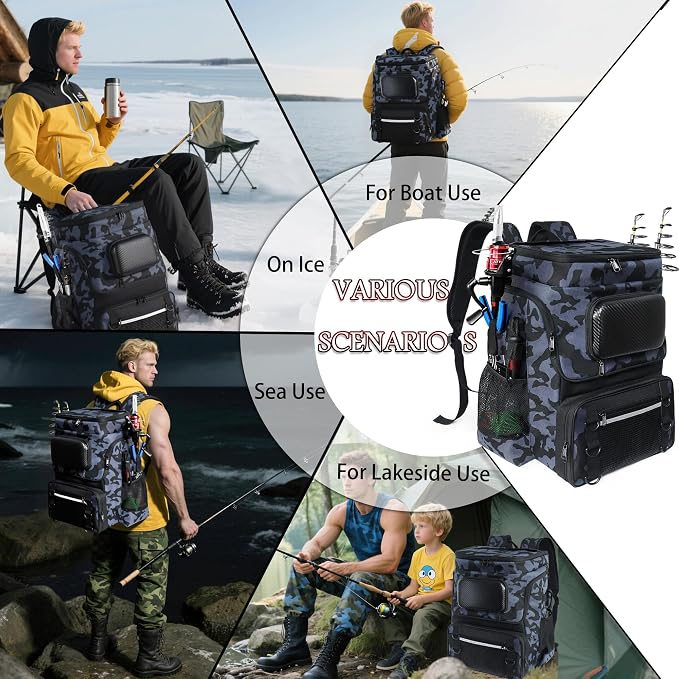 Fishing Backpack with Rod Holder and Tackle Boxes, Cooler, Large 50L Fishing Gear Bag with 139 Fishing Lures Kit, Fish Tool Set, Fish Gifts for Men Woman-Grey Backpack