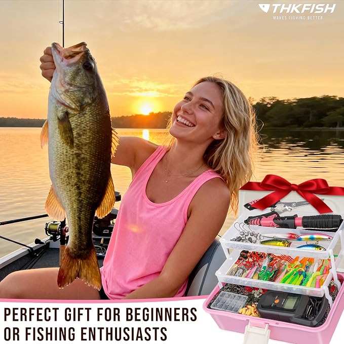 THKFISH 400PCS Fishing Lures Accessories Kit with Large 3-Layer Tackle Box Complete Freshwater Bass Fishing Gear Tools Set with Pliers, Fish Scale, Spinner bait, Hooks, Weights Sinkers, Gift for Women