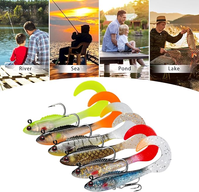 TRUSCEND Shadtale Easy Catch Soft Fishing Lures with BKK Hooks - Trembly Sinking and Vibrating Swim for More Bites, Pre-Rigged Swimbaits for Bass, Trout, Crappie, Walleye, Freshwater Saltwater Fishing