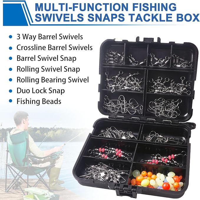 140pcs Fishing Swivels Tackle Kit, Include Ball Bearing Barrel Swivels, 3 Way Swivels, Fishing Swivels with Snaps, High Strength Swivels Fishing Tackle Box for Bass Trout Freshwater Saltwater