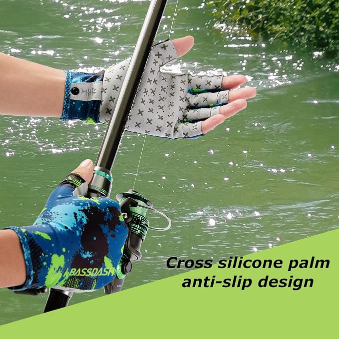 BASSDASH 3/4 Finger UPF 50+ Sun Gloves Breathable Anti-Slip Silicone Palm for Men Women Fishing Fingerless Cycling Running