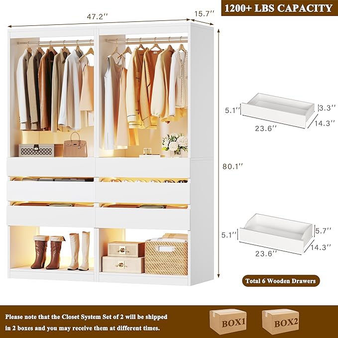 Freestanding Closet System Set of 2, 4FT Closet Organizer System with 6 Wood Drawers & Glasstop, 48" Closet Systems with Hanging Rod & LED Light, Heavy Duty Walk-in Closet, White(48"L x 16" W x 80" H)