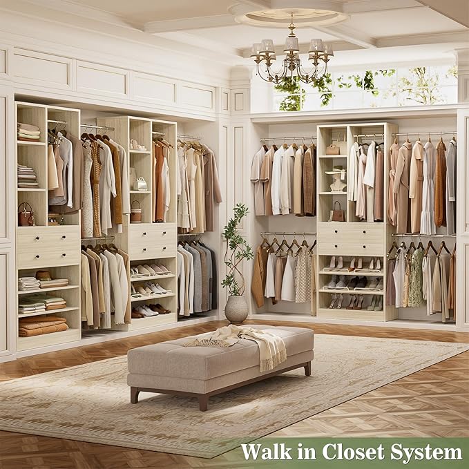 Closet System, Up to 134"/11.2 FT Closet Organizer with 4 Wooden Drawers and Shelves, Walk-in Closet System with 6 Hanging Rods, Built-in Closet Can Fit 96"/8FT, 120"/10FT, Greige Oak