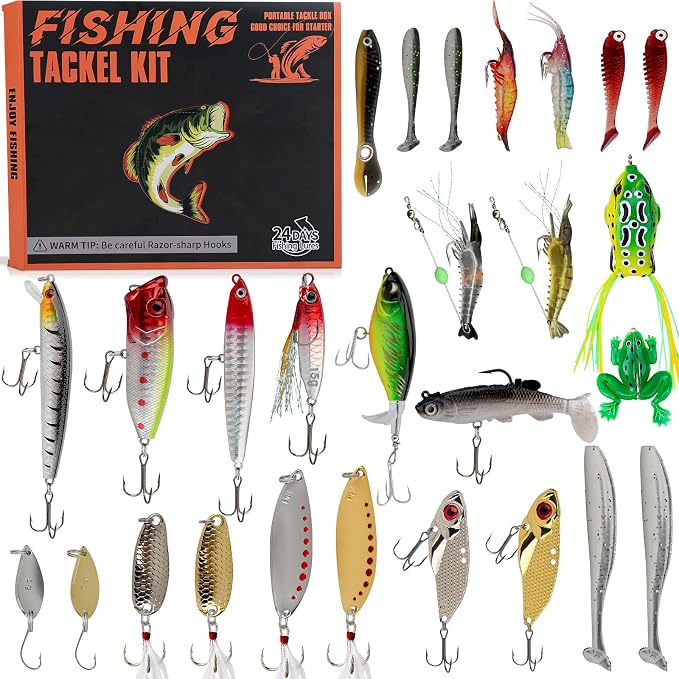 27Pcs Fishing Lures Kit, Hard and Soft Bait Set for Bass Trout Pike, Deep Diving Crankbaits with Premium Gift Box, Freshwater and Saltwater Fishing Tackle Gear for Men Dad Husband
