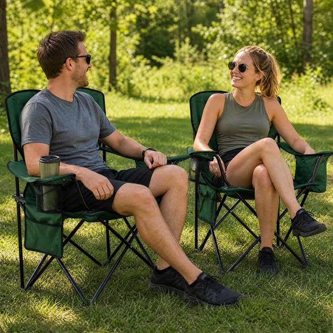 Camping Chairs for Adults 400LBS Capacity, 2 Pack Heavy Duty Folding Chair with 4-Can Cooler Bag, Portable Outdoor Chair with Cup Holder, Collapsible for Tailgating, Beach, Fishing, Green