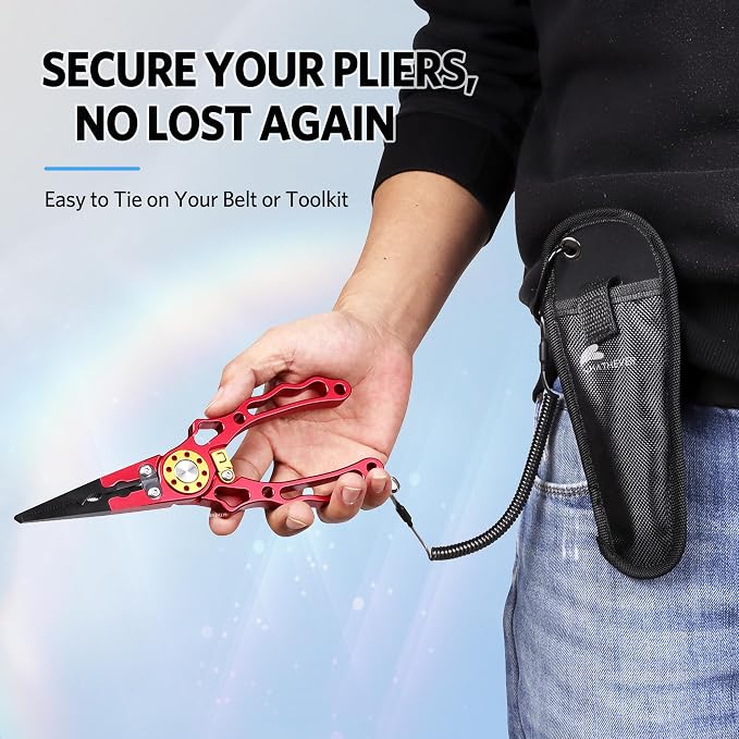 Fishing Pliers Saltwater, Split Ring Pliers Hook Remover with Safety Lock, Fishing Tools with Sheath and Lanyard, Fishing Gifts for Men