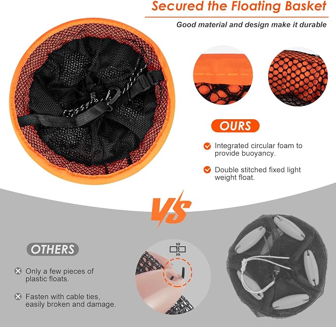 QualyQualy Floating Fish Basket for Live Caught, 10/15 Gallons Foldable Fishing Holder Minnow Bucket Portable Collapsible Fishing Net Storage Cage for Live Fish Bait Live Well