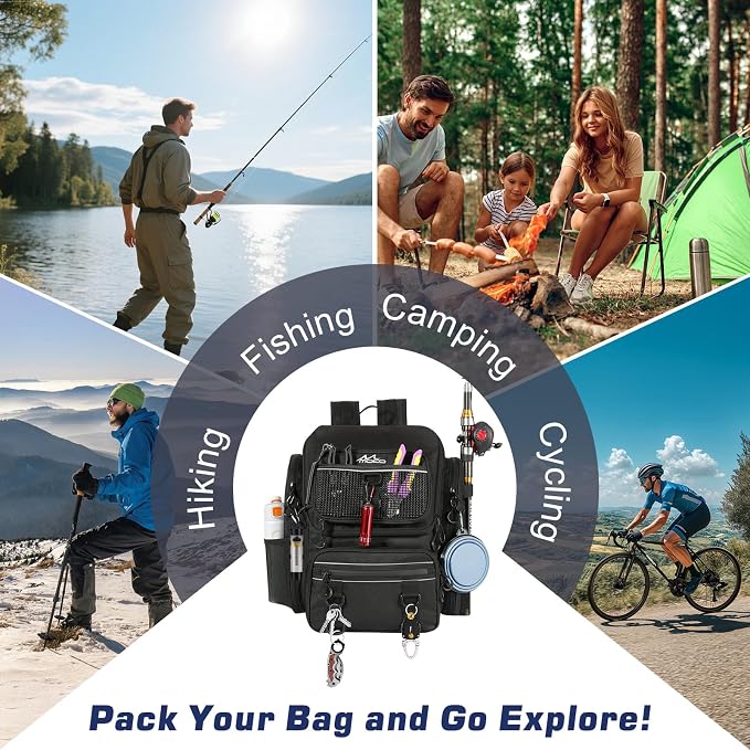 MoKo Fishing Backpack Bag, Large 40L Tackle Backpack with Rod Holders & Bait Binder Storage Fishing Gear and Equipment for Hiking Camping, Gifts for Men Father, Black