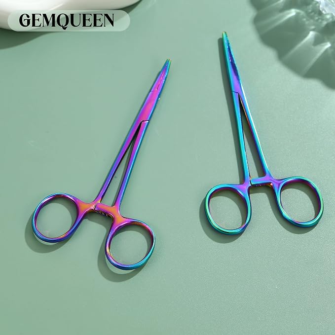GEMQUEEN Piercing Curved and Straight Forceps for Changing Jewelry - 316L Surgical Stainless Steel Pliers Tool Set Colorful Locking Tweezers Clamps for Removal Earrings Lip Nose Rings 2 PCS