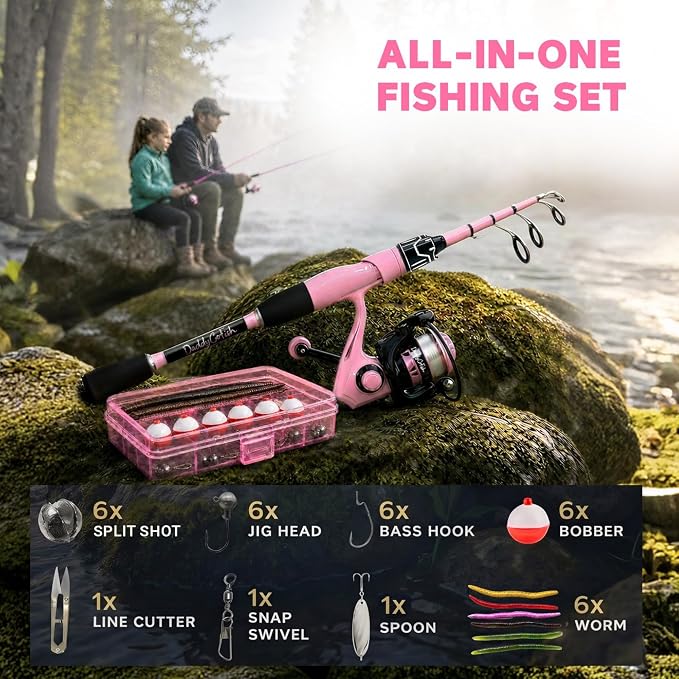 DaddyGoFish Spinning Fishing Rod and Reel Combo Set with Tackle Box | Kids Fishing Pole | Carbon Fiber Telescopic Fishing Rod Kit | Spinning Reel for Travel Saltwater Freshwater Fishing Gear Kit