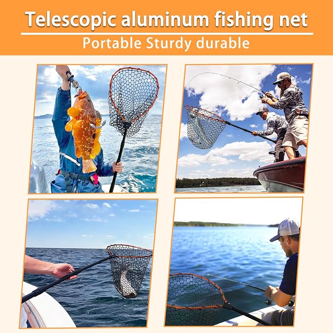 Telescoping Metal Lock Fishing Net Blue Aluminum Alloy Rubber Fish Net - Adjustable Length Lightweight Foldable Large Fishing Net with Handle Collapsible Extendable Fishing Accessories