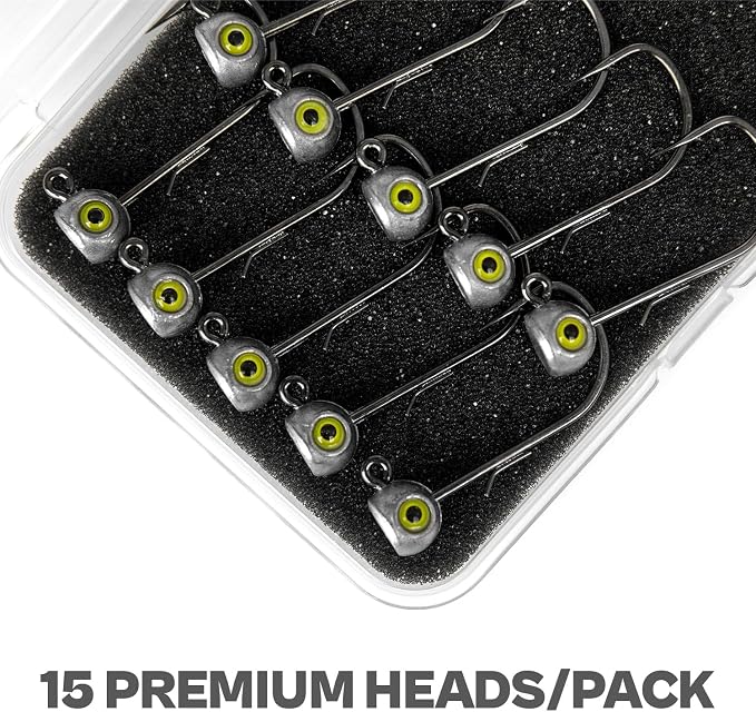 15-Pack Fish Eye Ned Rig Jig Heads with Welded Wire Bait Keeper ā 1/16 3/32 1/8 3/16 1/4oz with 2/0 3/0 Hooks, Chartreuse Eyes, Secure Finesse TRD Hookup for Bass Fishing