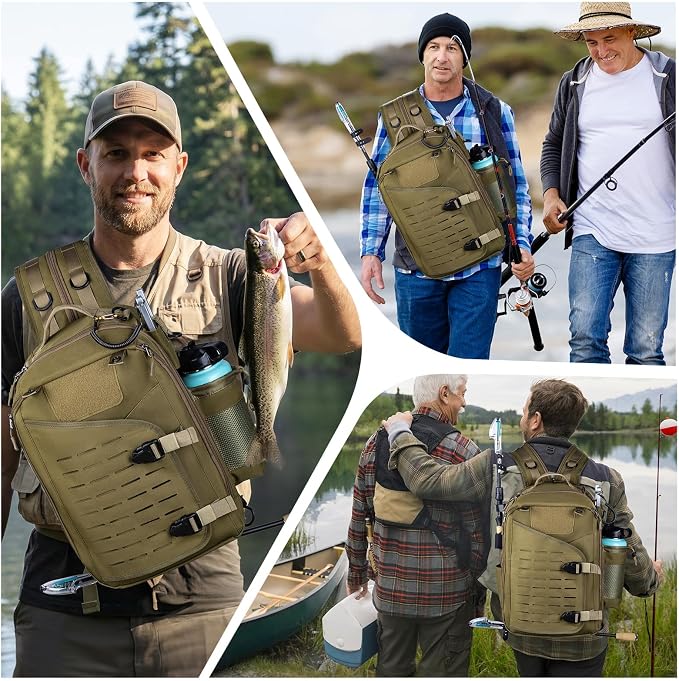 Goture Khaki Tackle Bag with Trays Rod Holder 900D Durable Fishing Tackle Storage Bag for Kayak, Shore Fishing