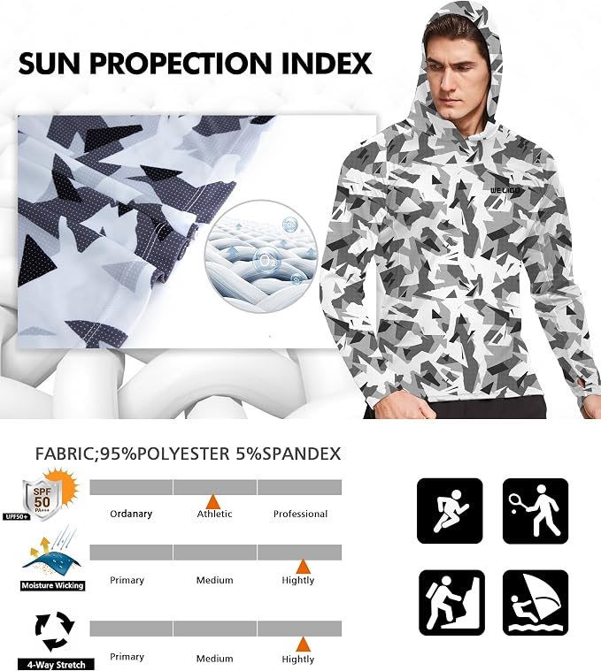 Men's UPF 50+ Sun Protection Hoodie Shirt Long Sleeve SPF Fishing Outdoor UV Hiking Lightweight Shirts