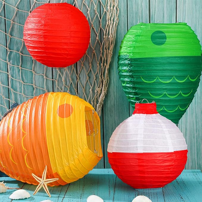 Bencailor 13 Pcs Fishing Hanging Paper Lanterns Fishing Birthday Decorations Fish Shaped Lanterns Bobber Round Paper Lanterns for Fishermen Theme Pool Party Decoration Supplies, 12 Inches, 8 Inches