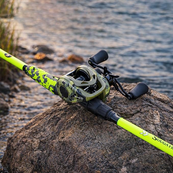 Sougayilang Baitcasting Combo – 8.0:1 Gear Ratio, 18LB Drag, 9+1 Bearings, IM7 Graphite 2-Piece M/MH Rod, EVA Handle, Camo Finish for Topwater Bass, Pike, Walleye