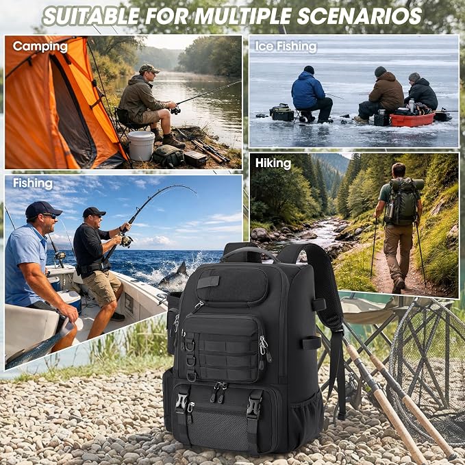 RAINSMORE Fishing Backpack with Rod Holders & Cooler 40L Water Resistant Tackle Backpack with Rain Cover Store Fishing Gear