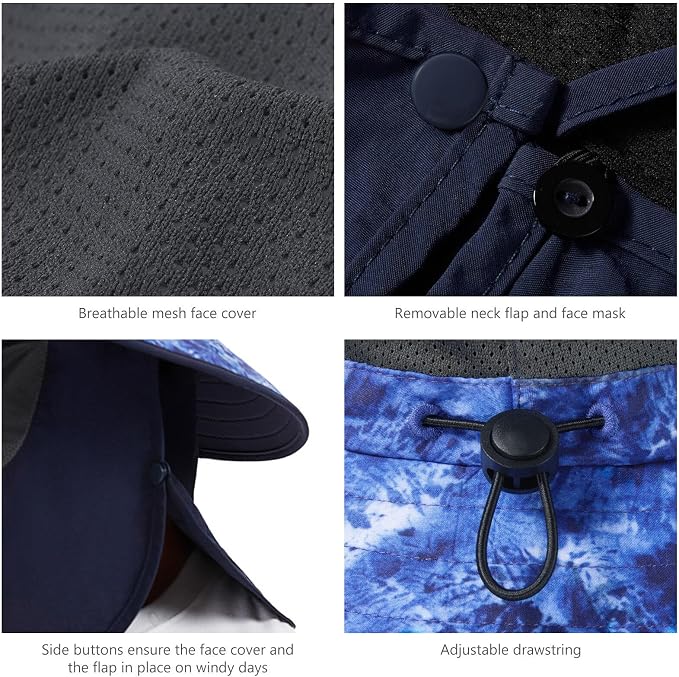 BASSDASH UPF 50+ Breathable Sun Hat with Removable Face Cover and Neck Flap Wide Brim Bucket Hat for Fishing Hiking Men Women