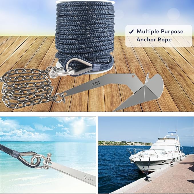 Anchor Rope 100 ft x 3/8 inch Navy Blue, Double Braided Anchor Line with Stainless Steel Thimble & Shackle, Boat Rope with Reflective Strip Ideal for Mooring,Anchoring,for Boats Up to 27'