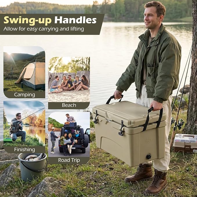 Goplus Hard Cooler, Insulated Ice Chest w/Portable Handles, Cup Holders, Ruler, Bottle Opener, 6 Day Ice Retention for Drink, Beverage, Camping, Fishing, Beach