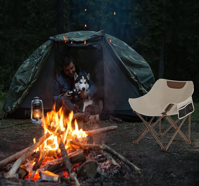 Portable Lightweight Camping Chair, Foldable Chair with Carry Bag and Side Pocket, Compact Outdoor Chair for Camping Essentials Hiking Fishing Beach Picnic (Khaki)