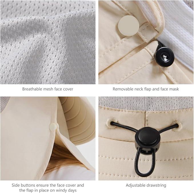 BASSDASH UPF 50+ Breathable Sun Hat with Removable Face Cover and Neck Flap Wide Brim Bucket Hat for Fishing Hiking Men Women