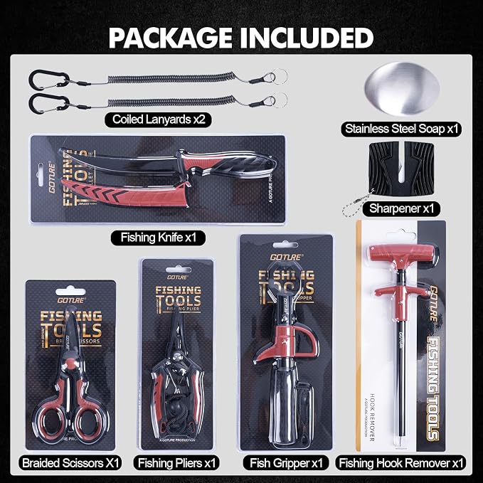 Goture Fishing Tool Kit,Fishing Pliers,Fillet Knife with Sheath,Fish Lip Gripper,Fish Hook Remover,Lanyard,Line Scissors,Sharpener,Stainless Steel Soap,Saltwater Gear Kit,Red/Pink,Gifts for Men/Women