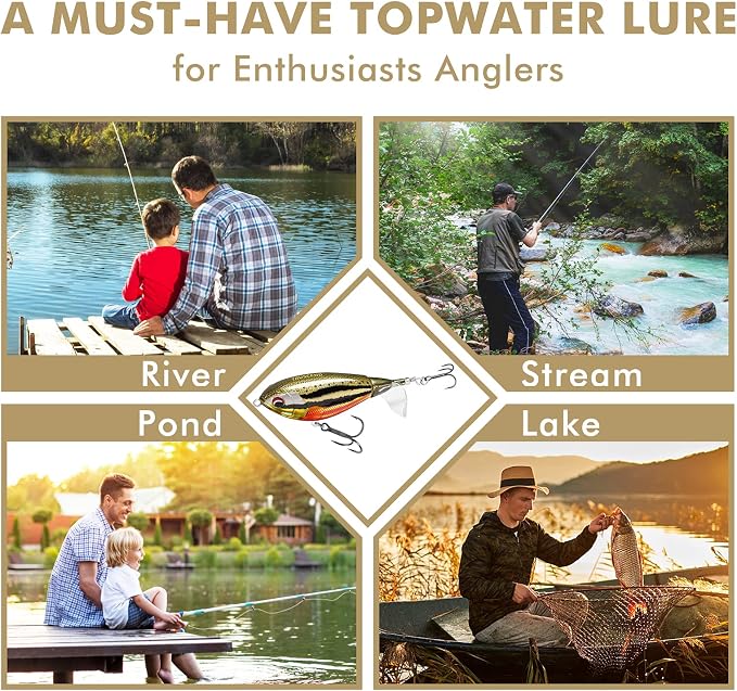 TRUSCEND Popobait Easy Catch Fishing Lures with BKK Hooks, Instant Startup, Longer Cast, Balanced Spray/Sound/Swim, Plopper Topwater Lures for Bass, Trout, Pike, Walleye, Freshwater Saltwater Fishing