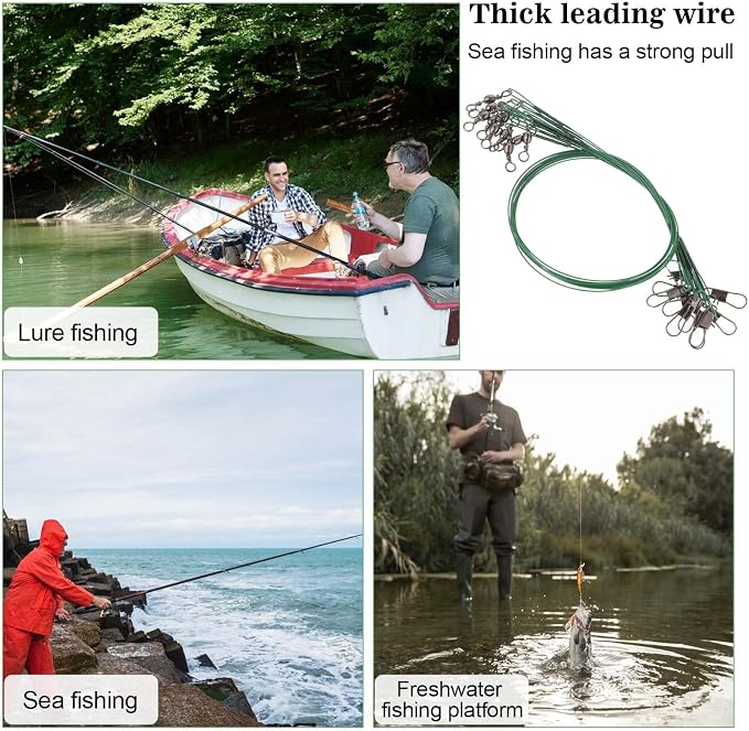 Giantree 50 Pcs Fishing Leaders, Stainless Steel Fishing Leaders with snap and Swivel, Anti-bite Stainless Steel Wire Leaders Fishing Leader Line for Fishing Rigs Saltwater and Freshwater