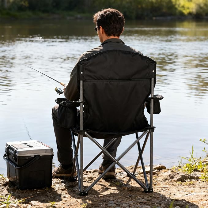 Heavy Duty Fully Padded Camping Chairs 350LBS Capacity Portable Chair Folding Chair with Cooler Bag and Cup Holder for Outdoor,Sports,Beach,Fishing, Hiking, Travel, Picnic, Backyard1PC