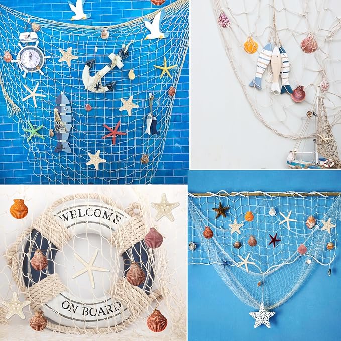 Fangoo 79x39 Inch Nautical Fishing Net Wall Decorations for Under the Sea Party with Shells and Starfish Crafts Bathroom Ceiling Table Decor for Beach Ocean Pirate Wedding Themed Party (beige)