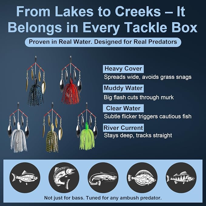 5 Pcs Bass Spinner Baits, Fishing Lures with Skirt, Metal Blade Spinnerbait for Trout, Salmon, Pike, and Predatory Fish