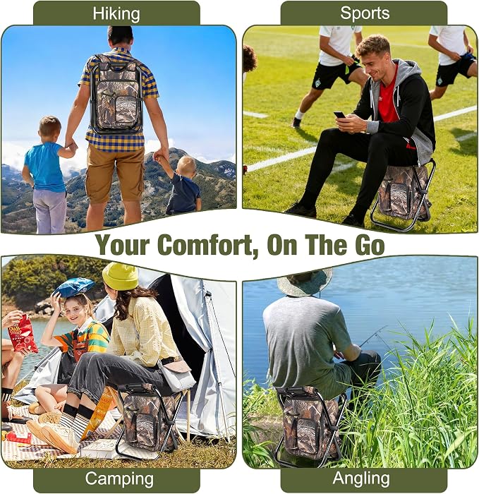 Kikerike Backpack Stool Cooler Chair Heavy Duty 300 LBS Max Load Portable Lightweight Stool Backpack Folding Fishing Cooler Seat for Camping Hunting Fishing - Woodland
