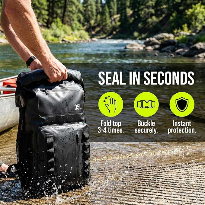 Greencity 100% Waterproof Roll-Top Dry Bag Backpack with Front Splash-Proof Pocket, Lightweight Floating Pack for Kayaking, Hiking & Travel,35L (Black)