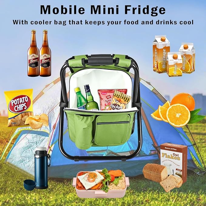 Kikerike Backpack Stool Cooler Chair Heavy Duty 300 LBS Max Load Portable Lightweight Stool Backpack Folding Fishing Cooler Seat for Camping Hunting Fishing - Grass Green