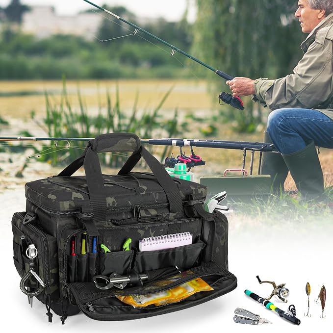 GOBUROS Waterproof Fishing Tackle Bag with Waterproof EVA Bottom (No Tackle Boxes in Package), Soft Tackle Box Storage Bag with Rod Holder, Pliers Storage for Fishing