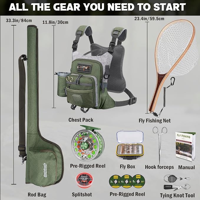 QualyQualy Fly Fishing Combo Starter Kit, 9Ft Fly Rod 4-Piece Graphite Rod with Bag, Accessories, Die Cast Aluminum Pre-Loaded Reel, Chest Pack, Fly Fishng Net & Flies