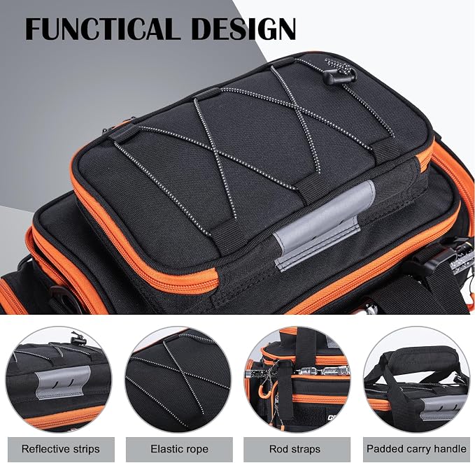 Goture Fishing Tackle Bag, 600D Water-Resistant Soft Side Crossbody Sling Bag with Rod Holder,Small Gear Storage Tactical Bags for Saltwater & Freshwater,Fits 4 3600 Tackle Boxes (Not Included)