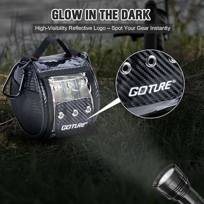 Goture 3/6 Outlet Holes Fishing Line Storage Bag, 2 Sizes Clear View Window Fishing Line Case, Removable Divider Fishing Line Organizer, Water-Resistant Surface, Tangle-Free Leader Line Spool Bag